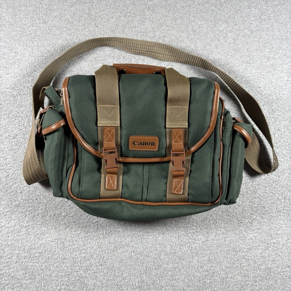 Vintage Retro Canon DSLR Green Canvas Camera Shoulder Bag Padded Case Strap